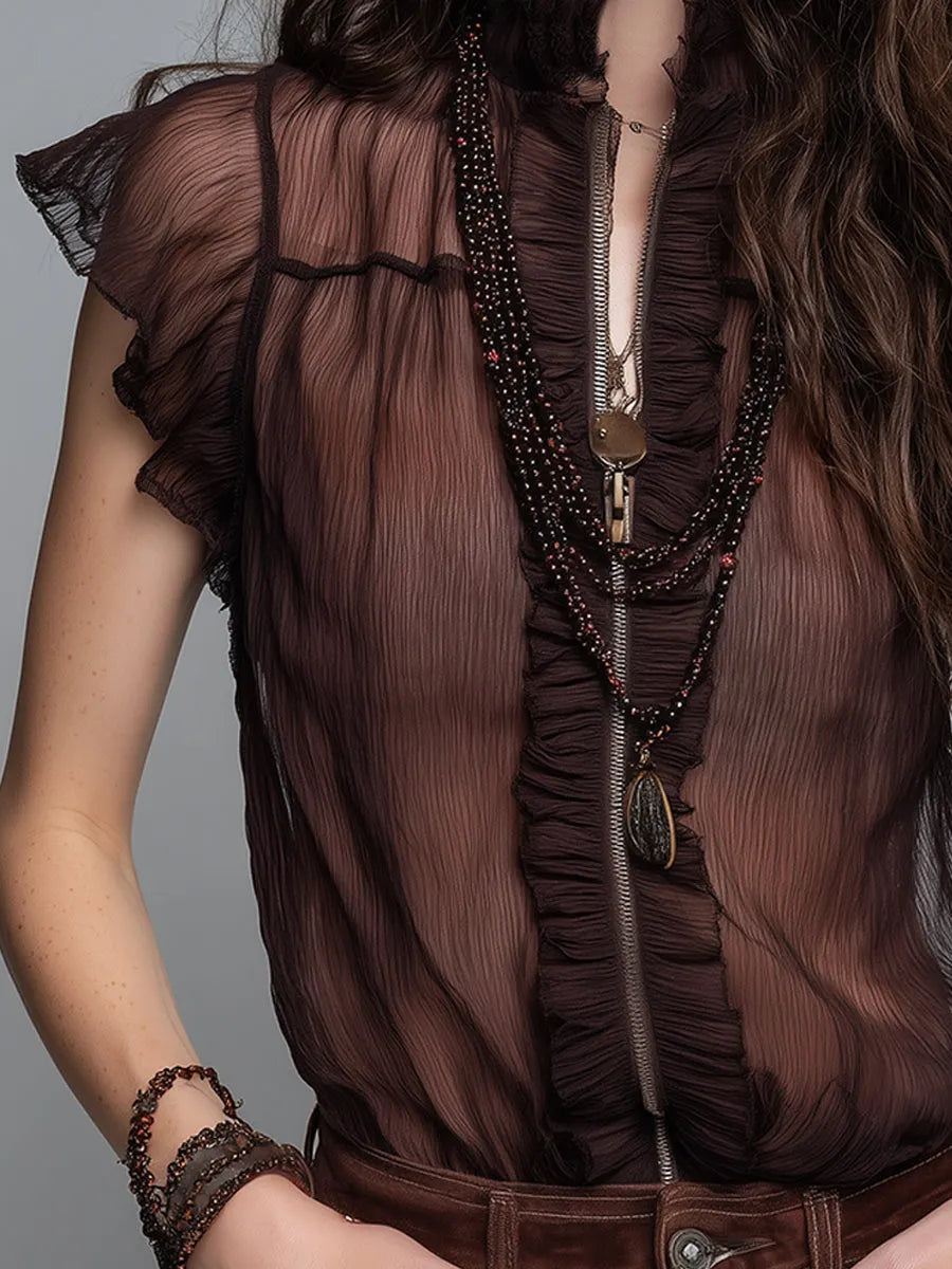 Retro Stand-Collar Front-Zip Crinkled Chiffon Blouse