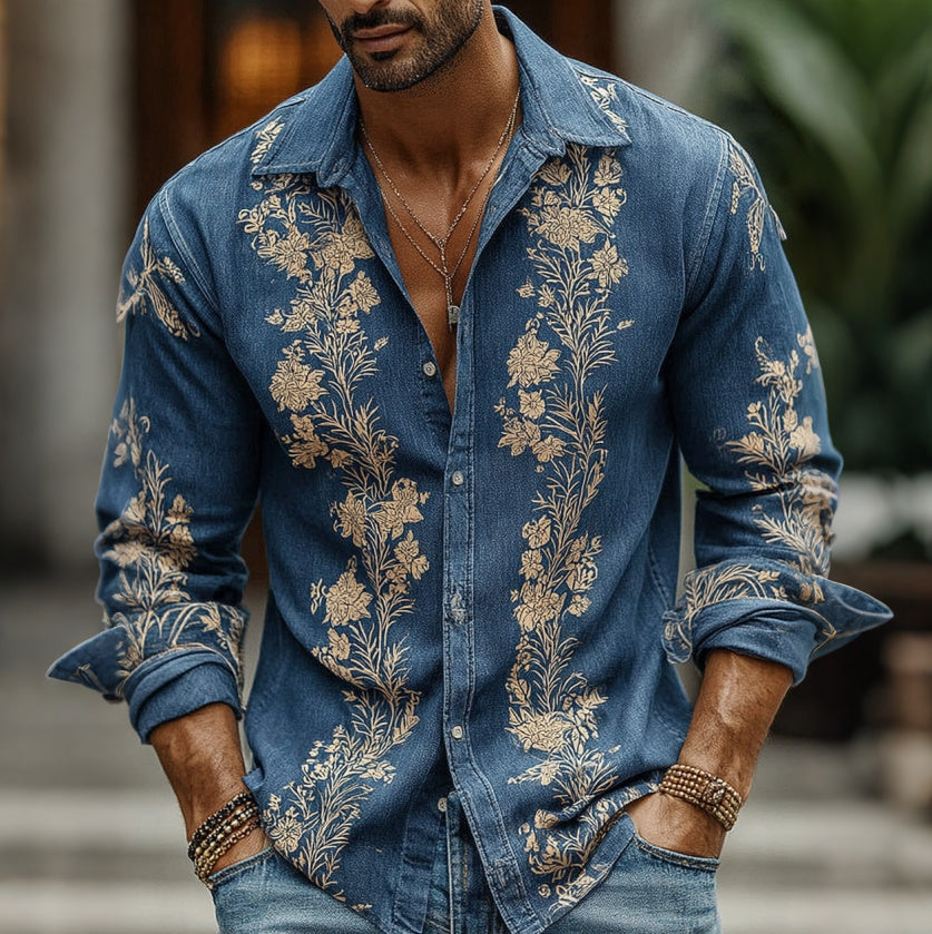 Men's Vintage Japanese Floral Pattern Art Casual Linen Shirt