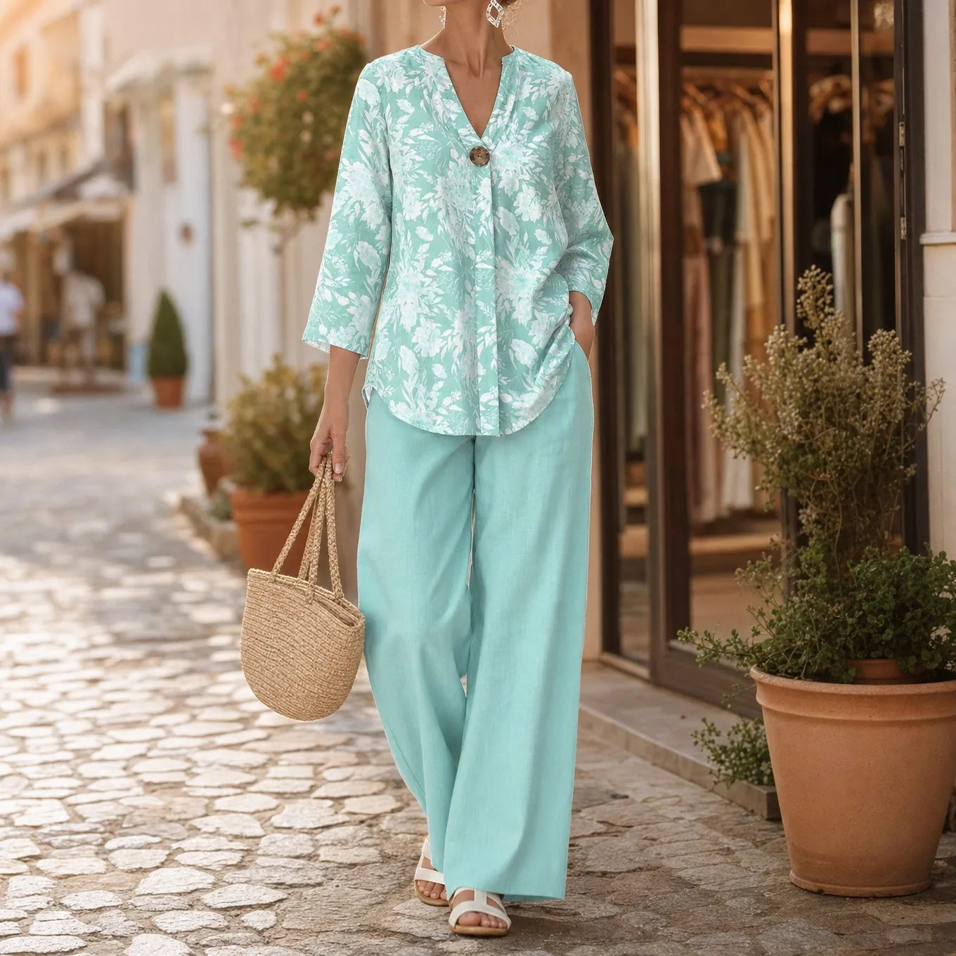 Marelle – Women's V-neck floral tunic and wide-leg pants 2-piece set