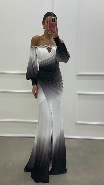 Gradient Print Boat Neck Off Shoulder Gem Detail Slit Gown Maxi Dress