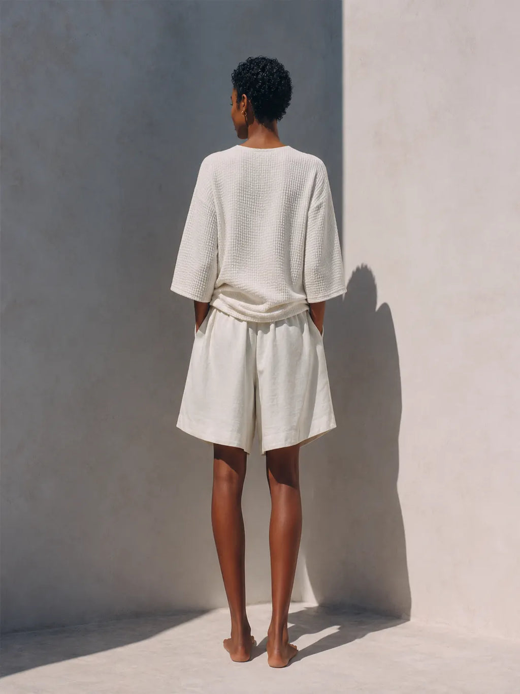 Women's Minimalist Ivory Cotton Linen Blend Waffle Textured Round Neck Short Sleeve Top And Pleated Bermuda Shorts Two-Piece Set MDZ1482G1ZSQ