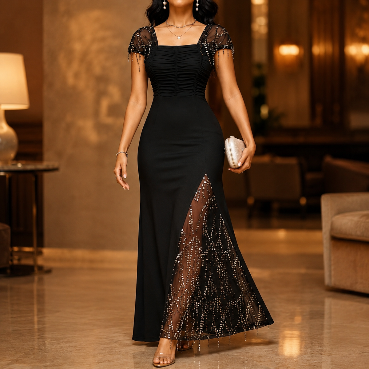 Soirée – Sequin Slit Maxi Dress with Convertible Square Neck