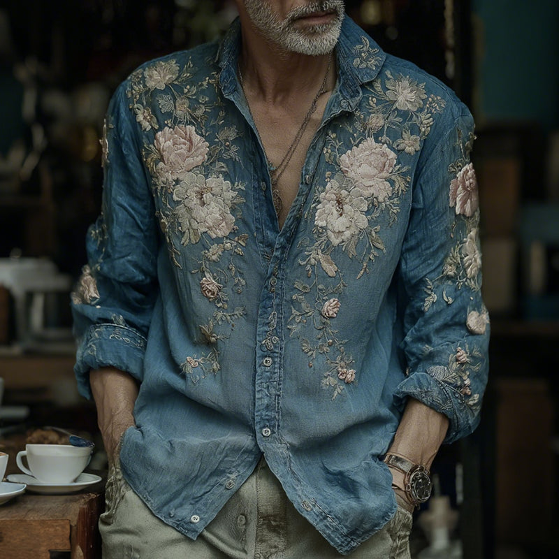 Men's Vintage Japanese Floral Art Casual Button Linen Shirt