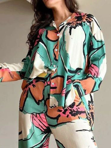 Flower Print Long Sleeves Buttoned Lapel Blouses Top +Wide Leg High Waisted Pants Bottom Two Pieces Set