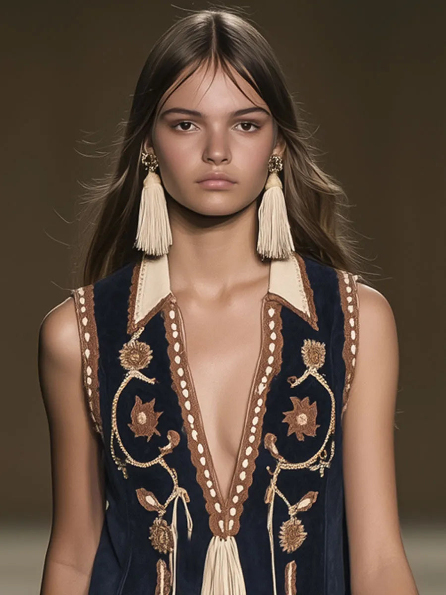 Western Retro Faux Suede Bohemian Style Embroidered Tassel Sleeveless Mini Dress