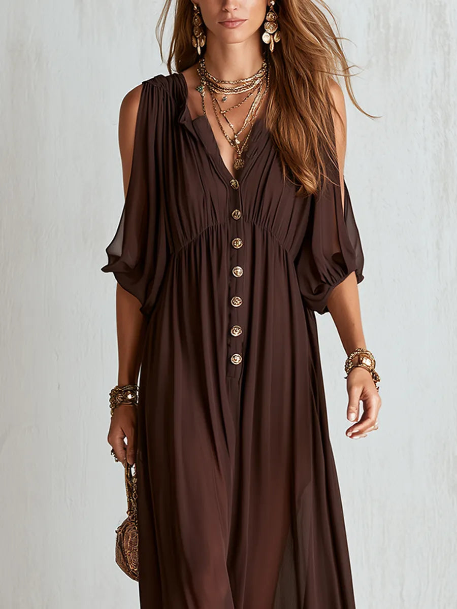 Bohemian Brown Off Shoulder Chiffon Maxi Dress