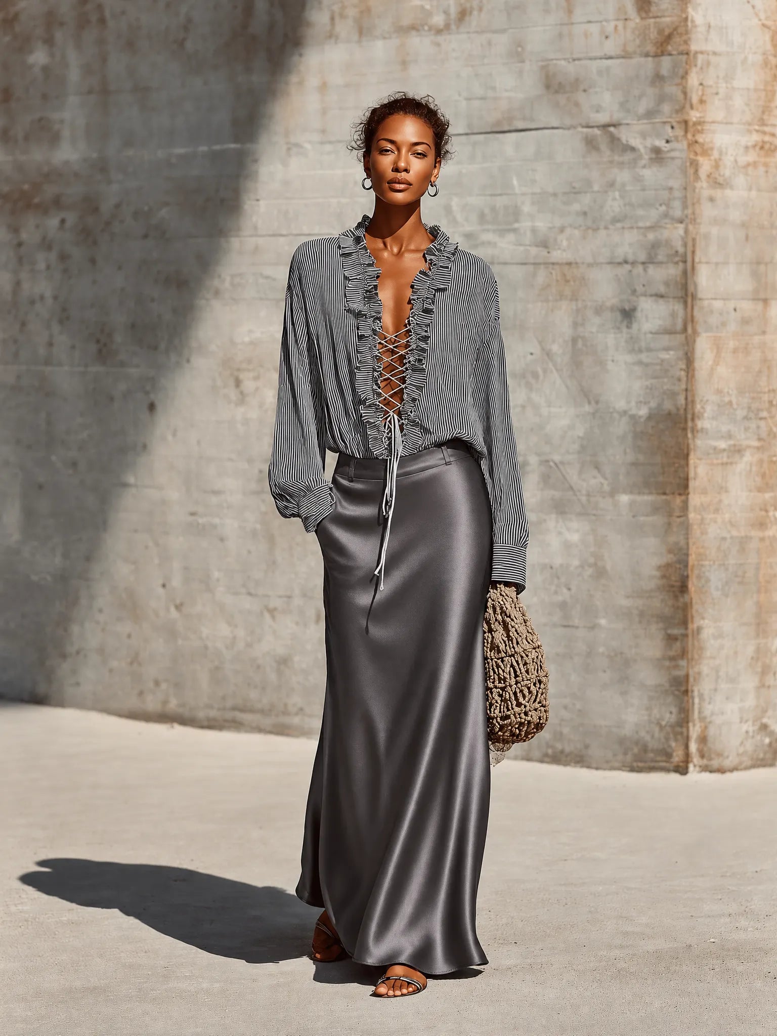 Women's Black White Vertical Stripe Ruffle Collar Lace Up Front Long Sleeve Blouse Gray Satin Maxi Skirt Two Piece Set MDZ1580G9YZJ