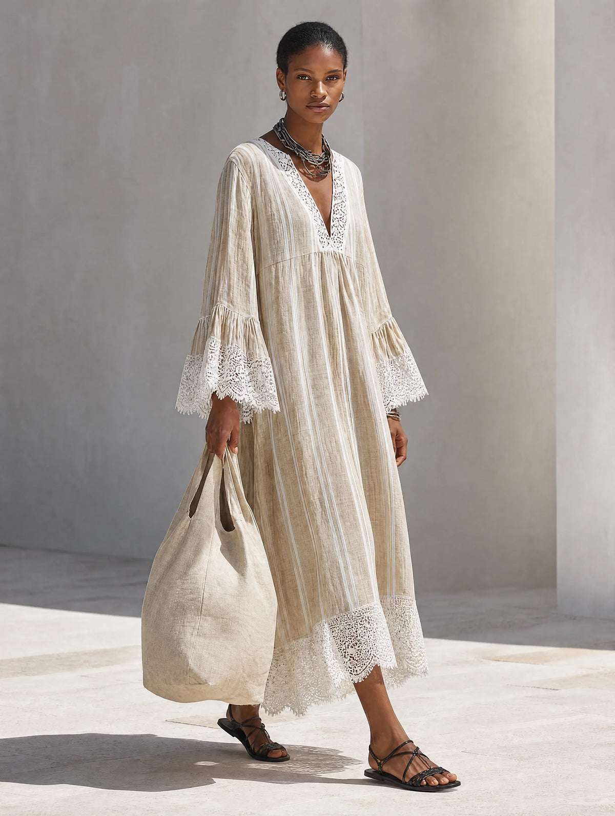 Women's Minimalist Beige Vertical-Stripe Maxi Dress With White Lace Trim And Flared Long Sleeves MDZ1745F9ZRK