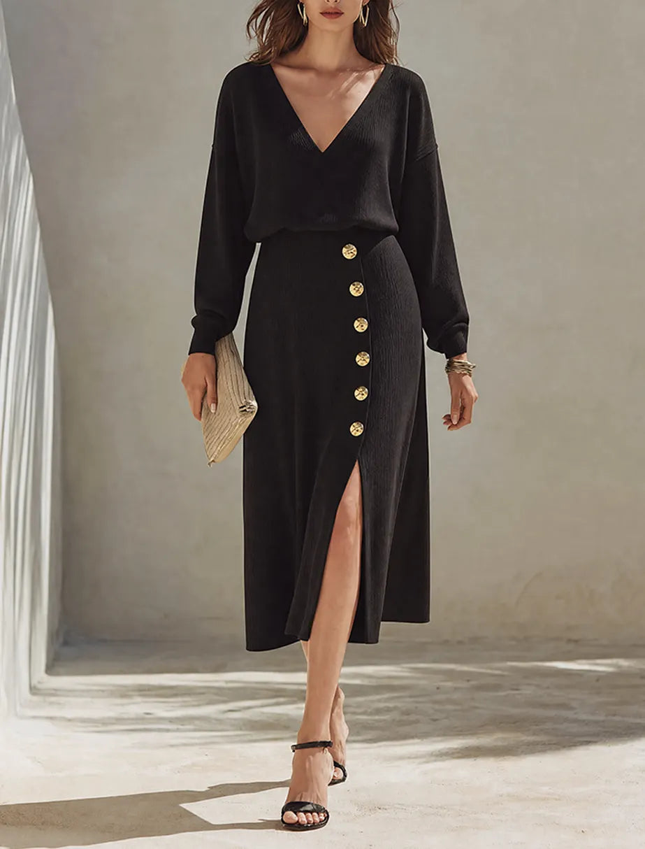 Women's Minimalist Solid Black Knit V-Neck Long-Sleeve Midi Dress MDZ0836G1ZRK