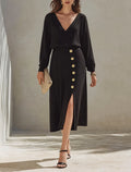Women's Minimalist Solid Black Knit V-Neck Long-Sleeve Midi Dress MDZ0836G1ZRK