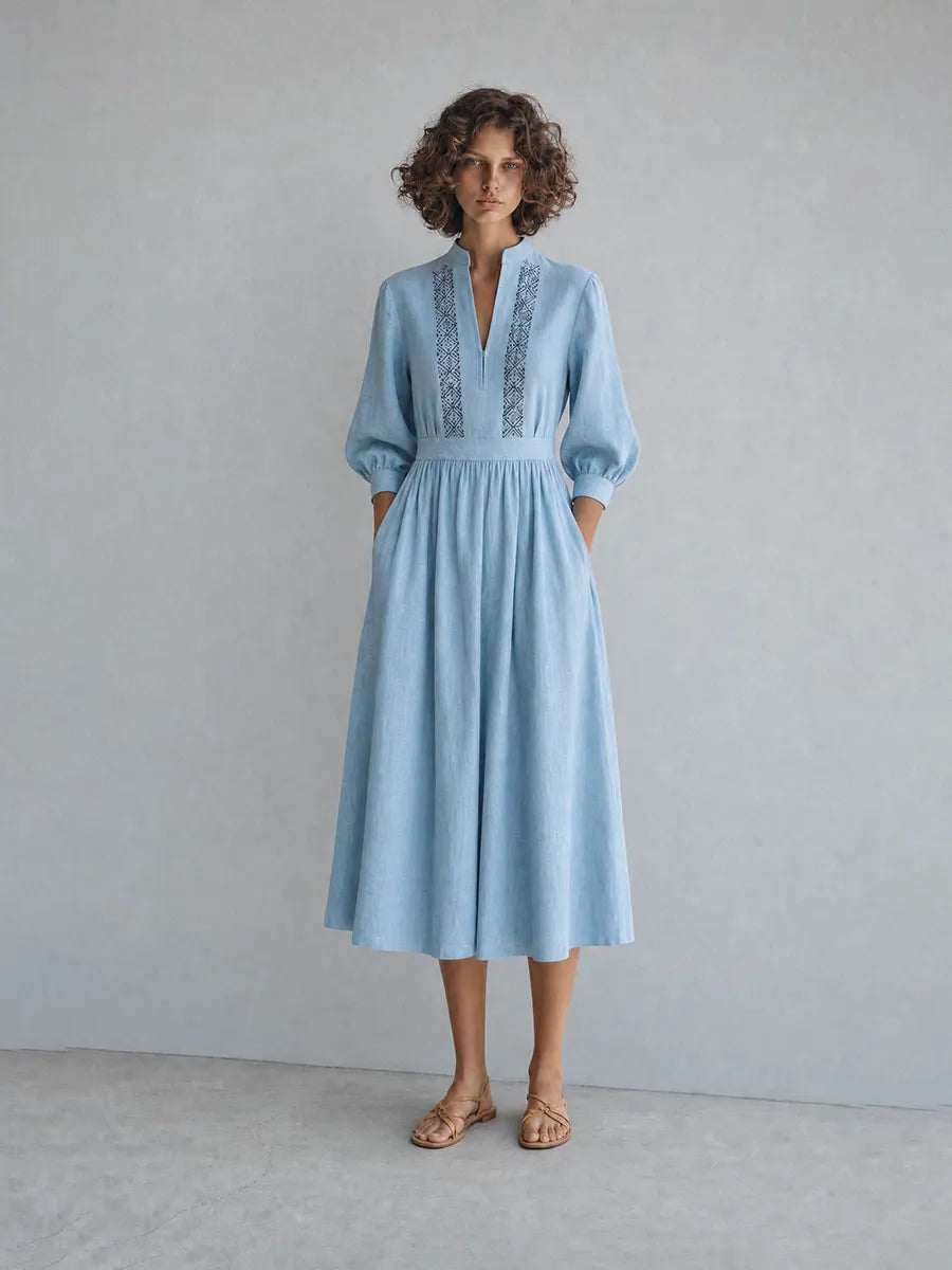 Women's Elegant Casual Light Blue Linen Embroidered Stand-Collar Three-Quarter Sleeve Midi Dress MDZ2034G2CMX