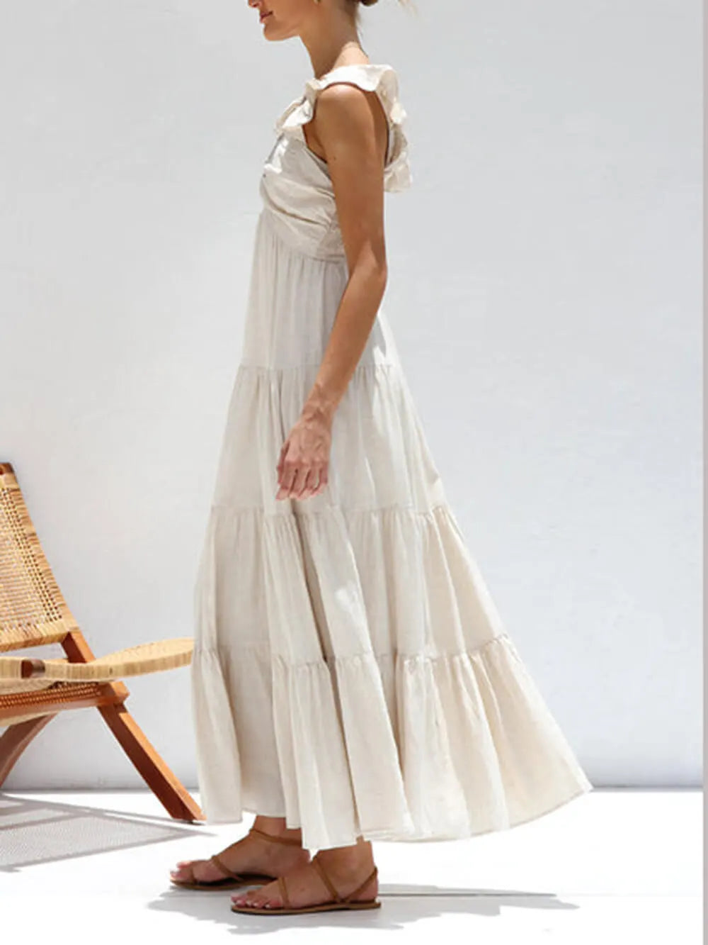 Ruffled Flying Sleeves Smocked Back Tiered Vacation Maxi Dress