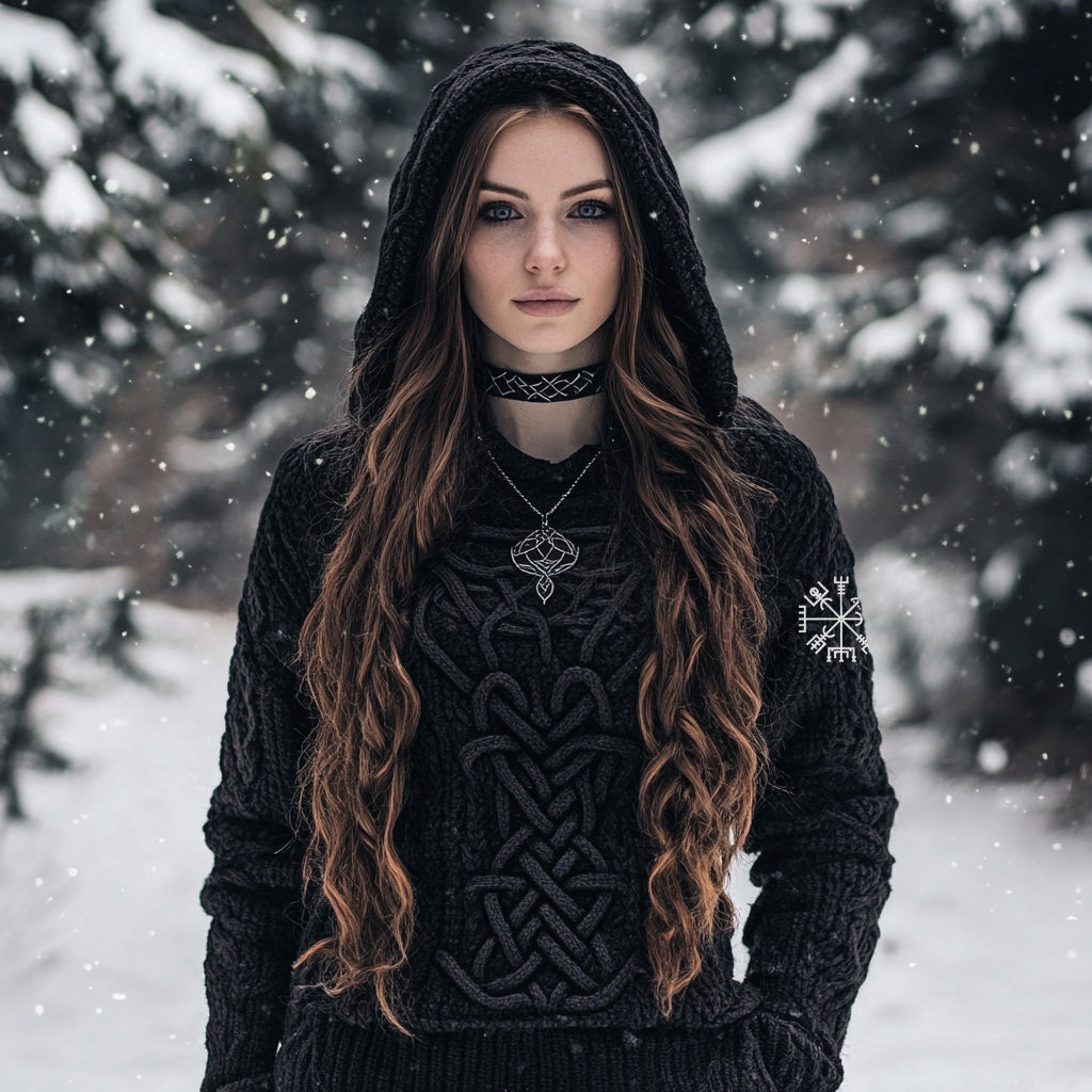 Women's Viking Style Knitted Jacquard Hooded Sweater