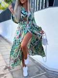 V-Neck Long-Sleeved Belted Maxi Dress