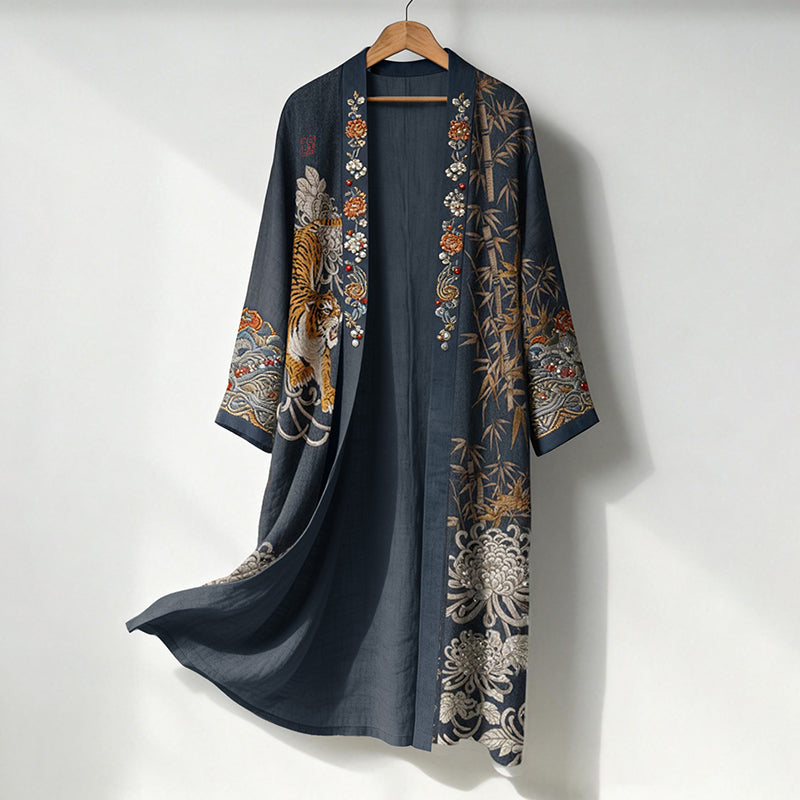 Men's Retro Japanese Tiger And Flowers Art Print Linen Long Kimono