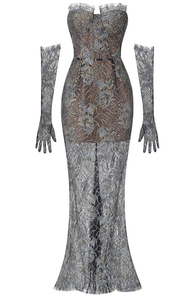 Strapless Corset Lace Maxi Dress Black Silver