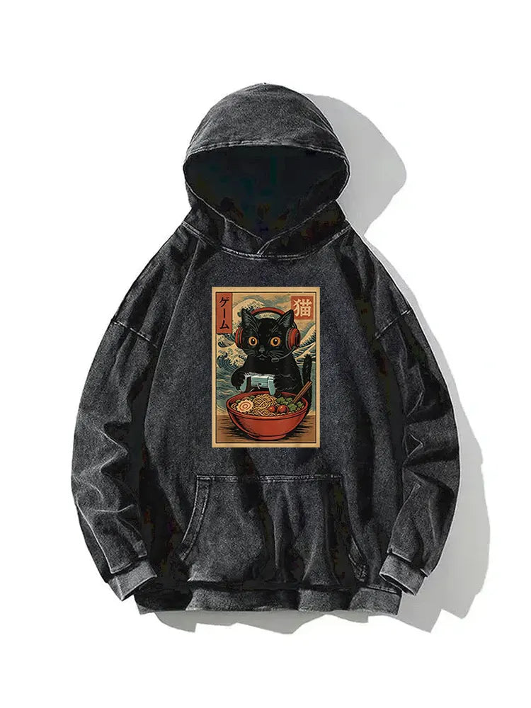 Cute Kawaii Gamer Cat Washed Hoodie