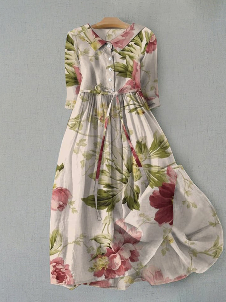 Women's Vintage Botanical Floral Design Print Lace-Up Dress