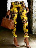 Women's Retro Sunflower Leopard Print Art Ripped Skinny Jeans