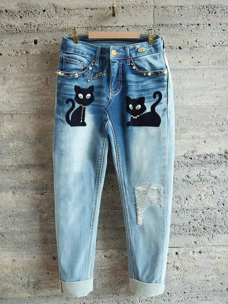 Casual Cute Black Cat Diamond Eyes Jeans