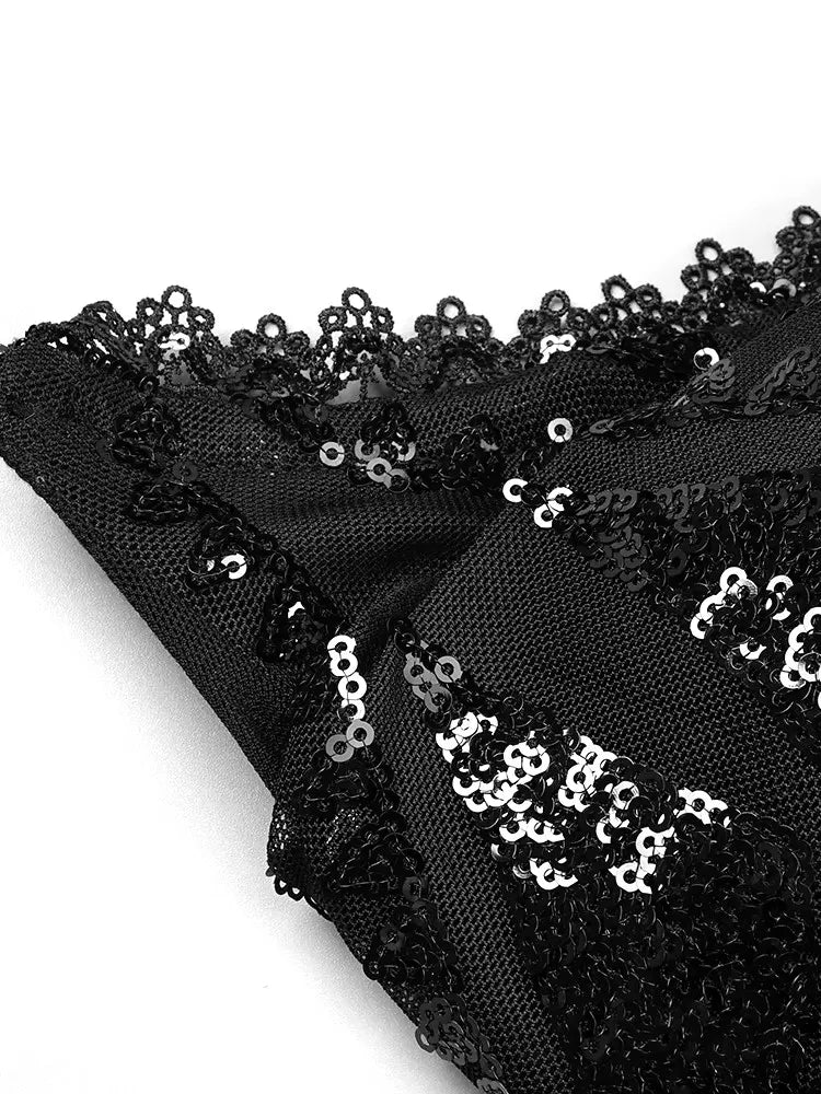 Strapless Sequin Feather Bodysuit Black