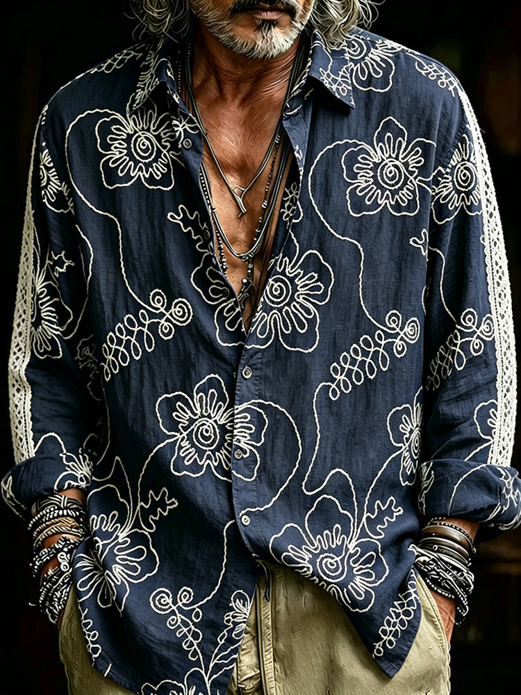Men's Retro Flower Embroidery Pattern Casual Linen Shirt
