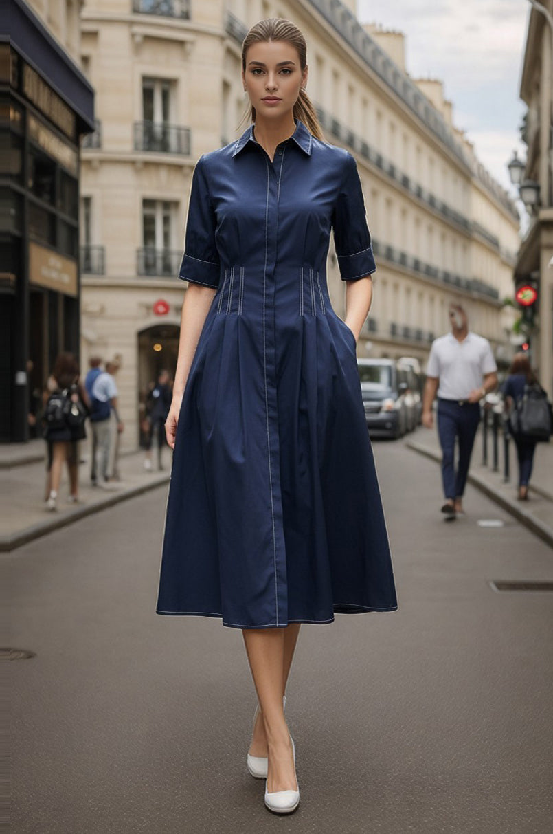 Contrast Stitch Pleated Midi Shirt Dress