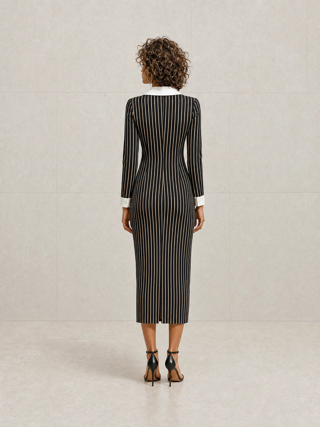 Women's Elegant Modern Black Pinstripe White-Collar Zip Long-Sleeve Fitted Midi Dress MDZ1593G3CMX