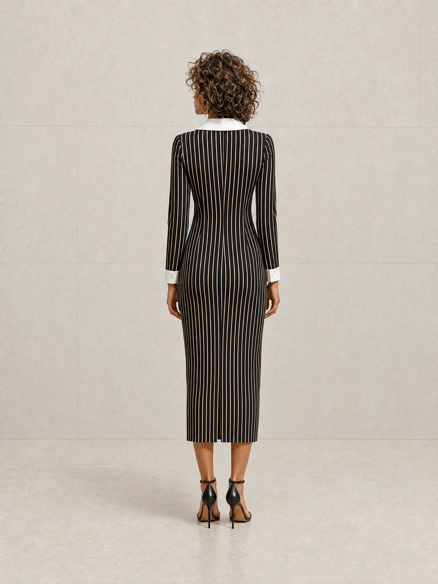 Women's Elegant Modern Black Pinstripe White-Collar Zip Long-Sleeve Fitted Midi Dress MDZ1593G3CMX