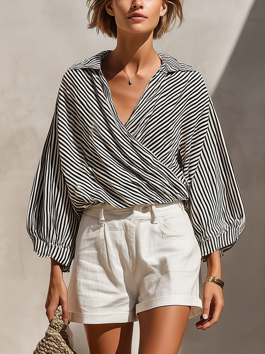 Women’s Black & White Striped Wrap Blouse & White High-Waisted Shorts Two-Piece Set MDZ2724D6T