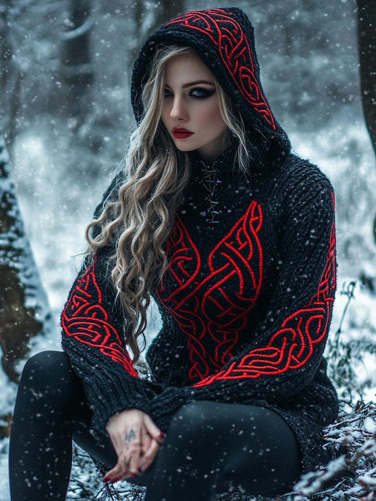Viking Celtic Knot Contrast Cozy Hooded Knit Sweater