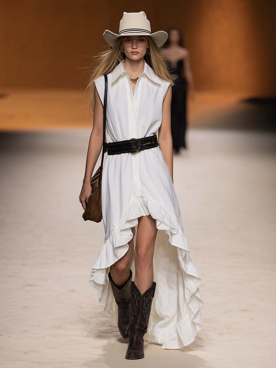Retro Western White Cotton High-Low Ruffled Hem Shirt Maxi Dress