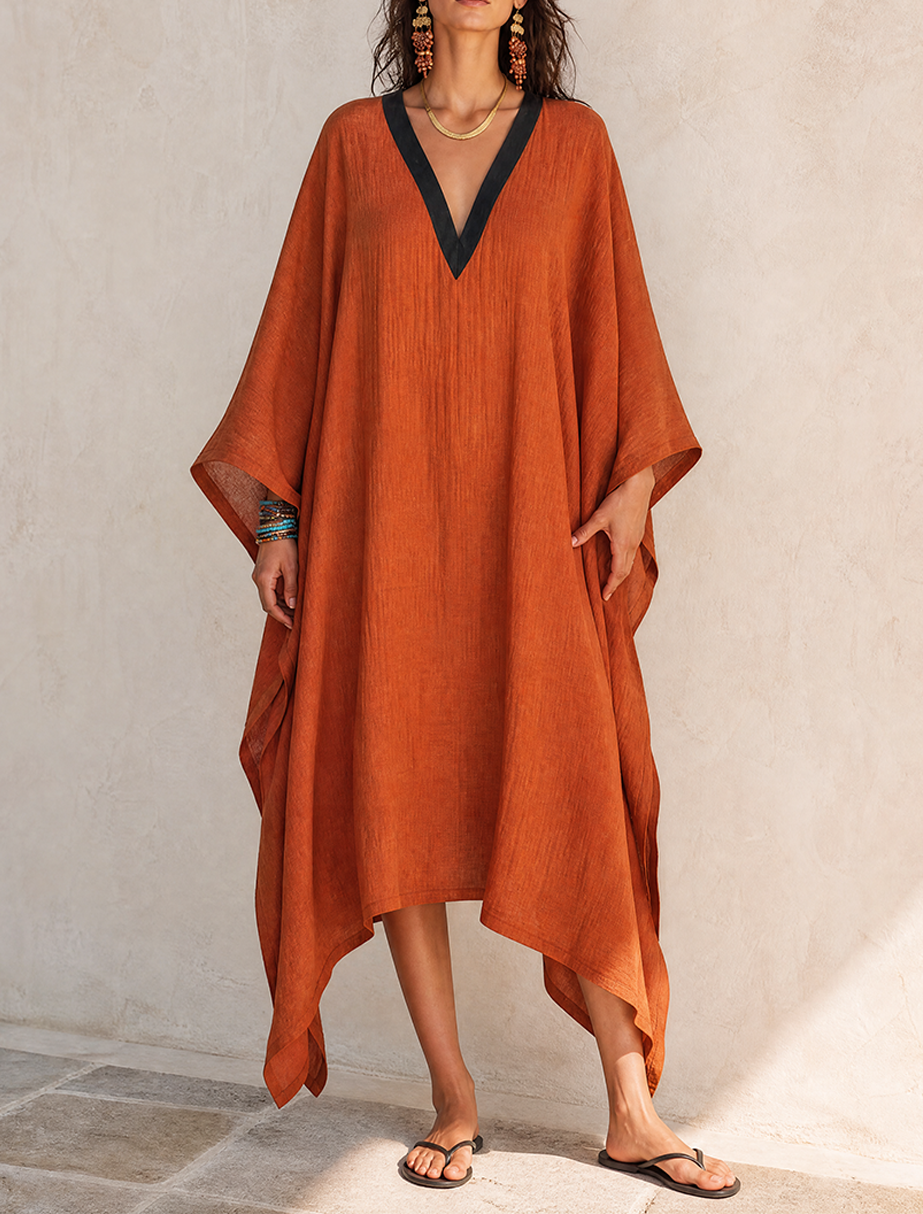 Women's Minimalist Solid Orange Linen V-Neck Midi Kaftan Dress MDZ0788G7ZRK