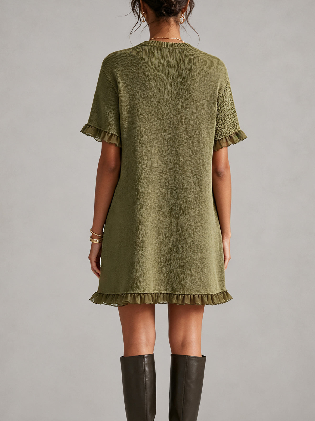 Olive Cutout Ruffle Trim Knit Mini Dress