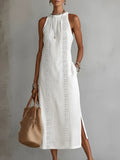 Relaxed Embroidered Mandarin Collar Midi Dress