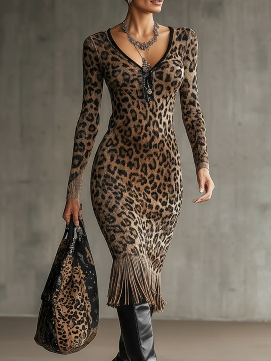 Business Casual Khaki Leopard V Neck Long Sleeve Bodycon Elegant Strappy Midi Dresses
