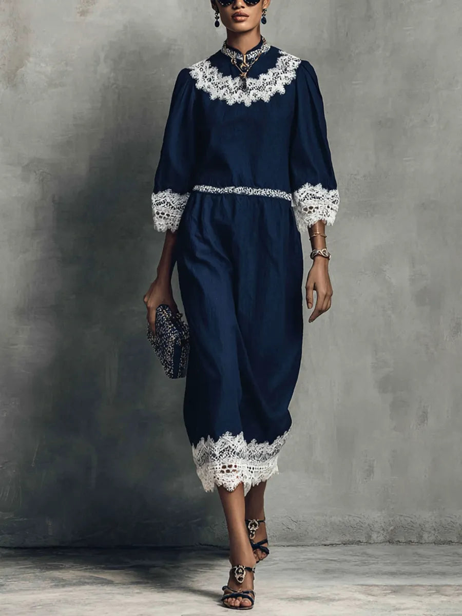 Women's Elegant Navy Blue Cotton Linen Lace Trim Lantern Sleeve Midi Dress MDZ2122G7GMJ