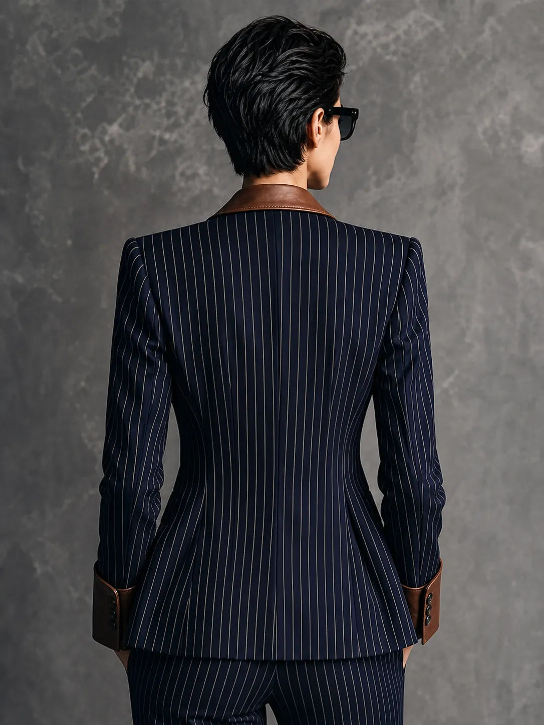 Women's Vintage-Style Navy Striped Cotton-Blend Blazer With Brown Leather-Look Contrast Collar MDZ1745G3GMJ