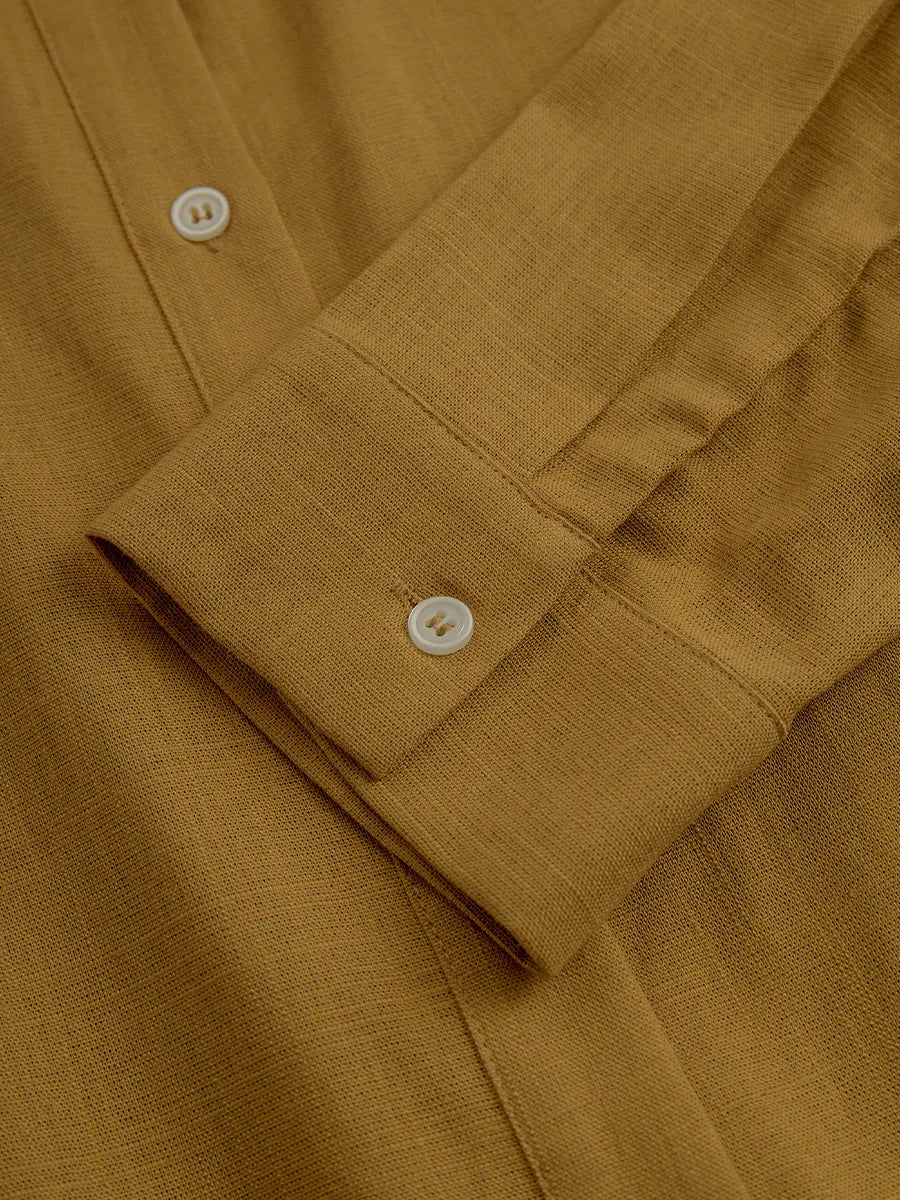 Women's Mustard Elegant Linen Blended Button - Front Belted Midi Shirt Dress MDA1800I6I