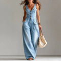 Ellora – Wide leg denim jumpsuit with button front and pockets