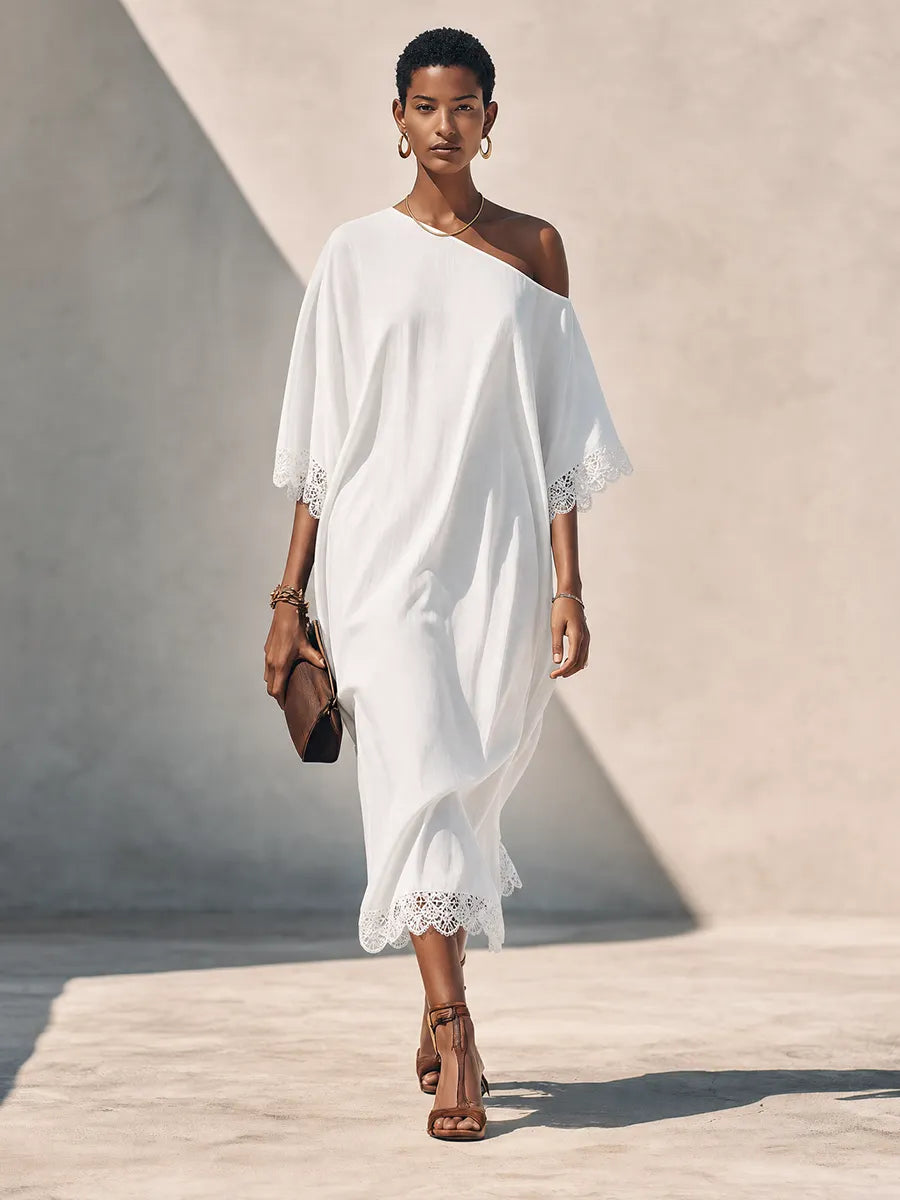 Women's Pure White Linen Asymmetric Off-Shoulder Midi Dress With Lace Trim MDZ0378G2ZRK
