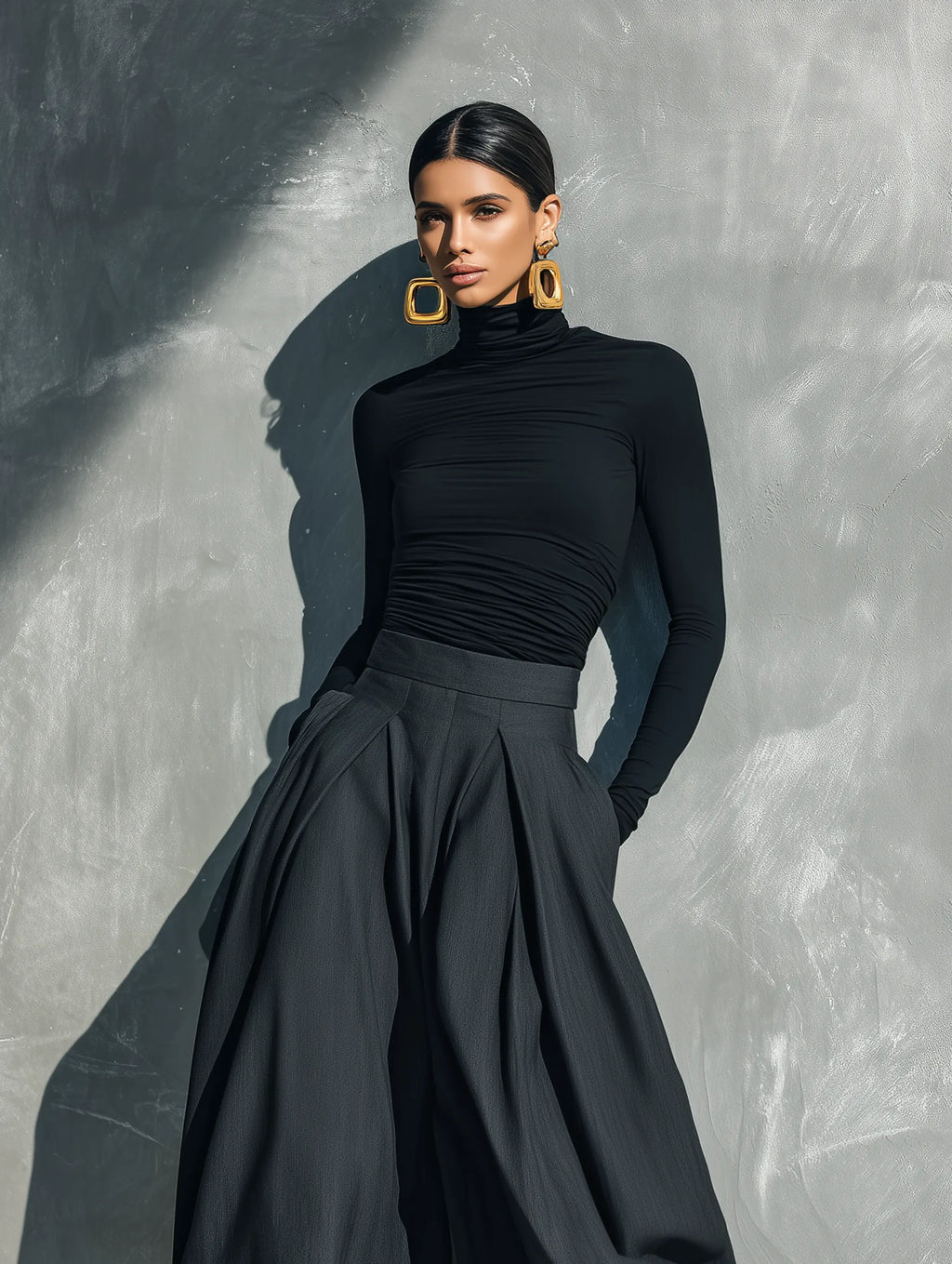 Women's Casual Black Stretch-knit Long-sleeve Top Paired With Dark Gray Woven Wide-leg Trousers MDZ2470G8LXY