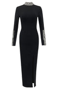 Long Sleeve Crystal Detail Midi Dress Black