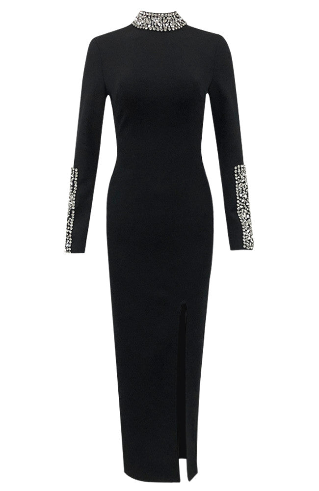 Long Sleeve Crystal Detail Midi Dress Black
