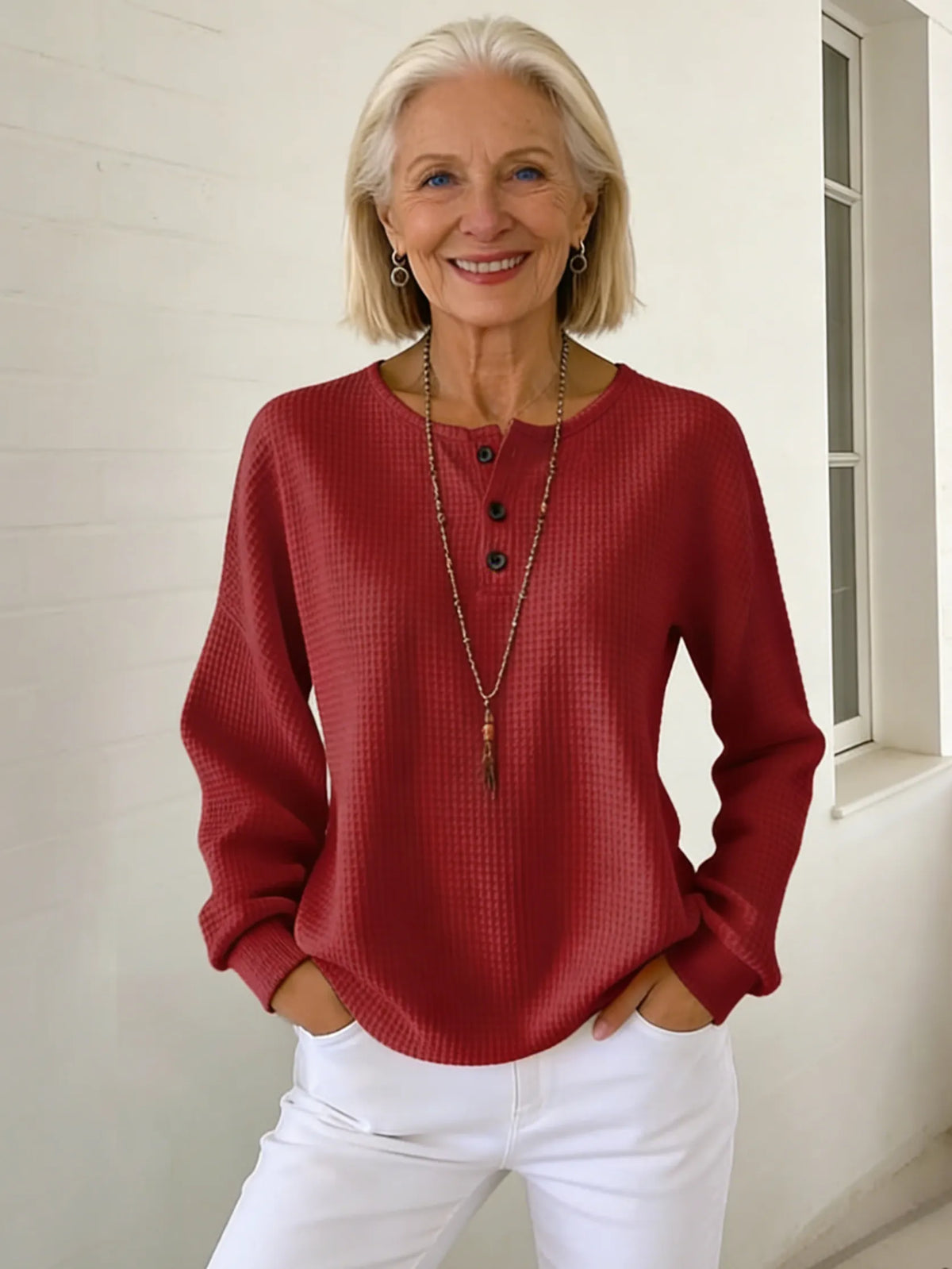Crew Neck Waffle Solid Color Pullover Loose Top