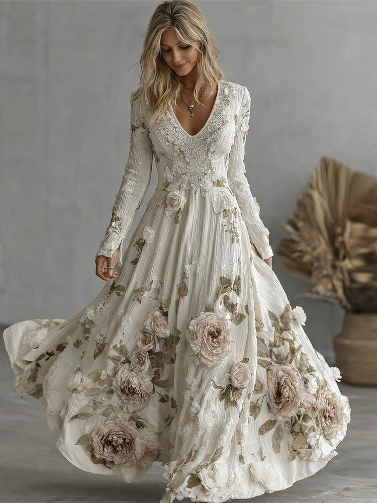 Women's Vintage Boho Pink Rose Floral  Sequins Art Flowy Maxi Dress
