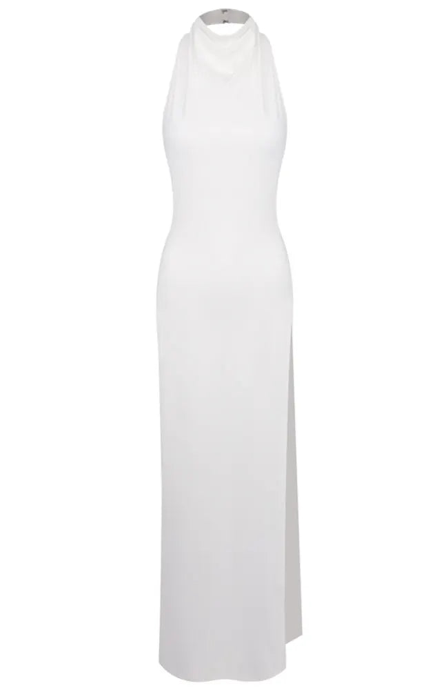 Halter Crystal Detail Backless Maxi Dress White