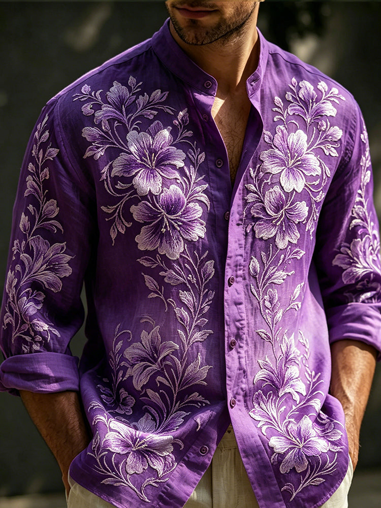 Men's Purple Floral Art Embroidered Linen Blend Lightweight Long Sleeve Shirt