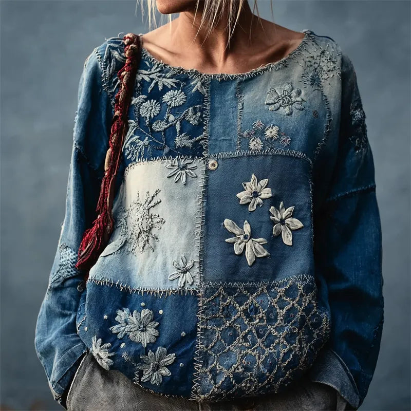 Japanese Floral Sashiko Inspired Patchwork Linen Tunic