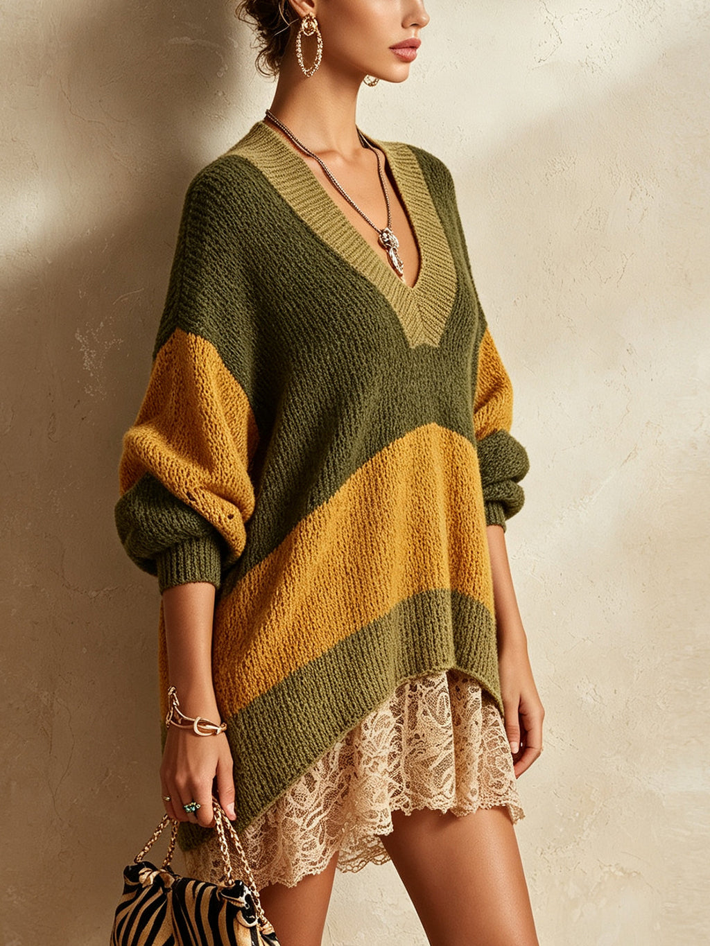 Olive Colorblock Lace Hem Knit Mini Dress